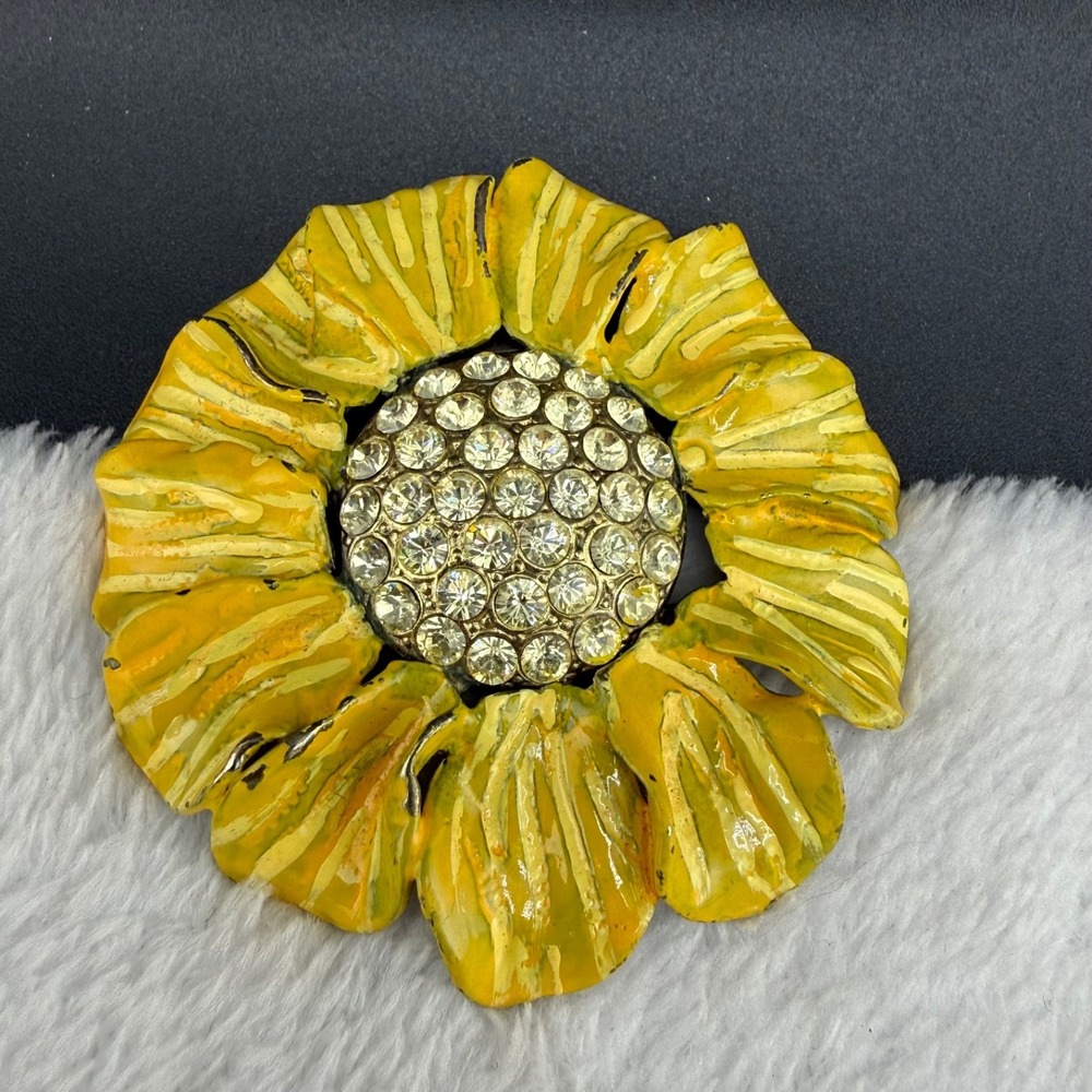 Vintage Furla Brooch Yellow Enamel Flower Rhinestone Italy Signed